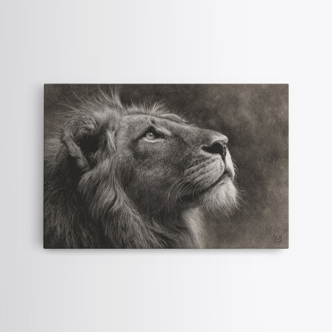 Dramatic Black and White Lion Portrait Framed Canvas Print, Black and White Art, Gallery Decor, Living Room Decor, Monochrome, BAW-3x2-45