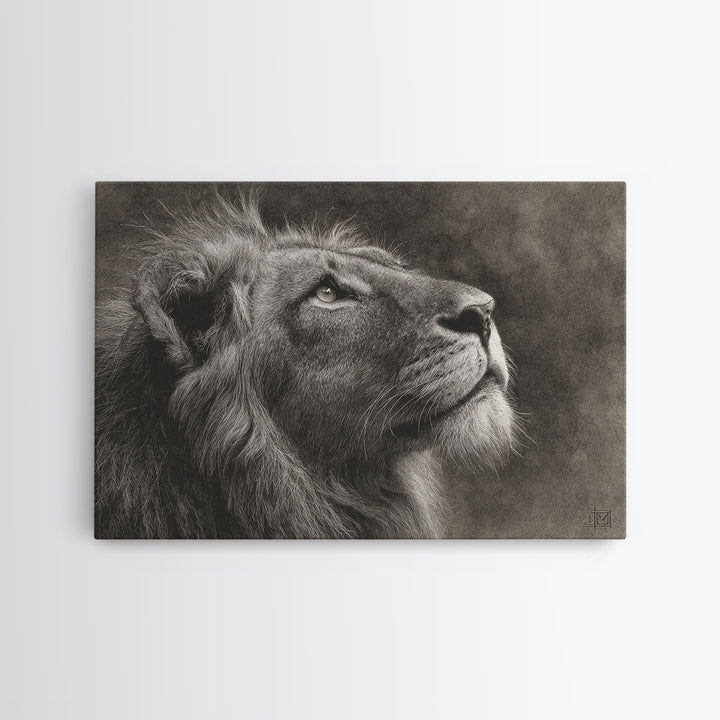 Dramatic Black and White Lion Portrait Framed Canvas Print, Black and White Art, Gallery Decor, Living Room Decor, Monochrome, BAW-3x2-45