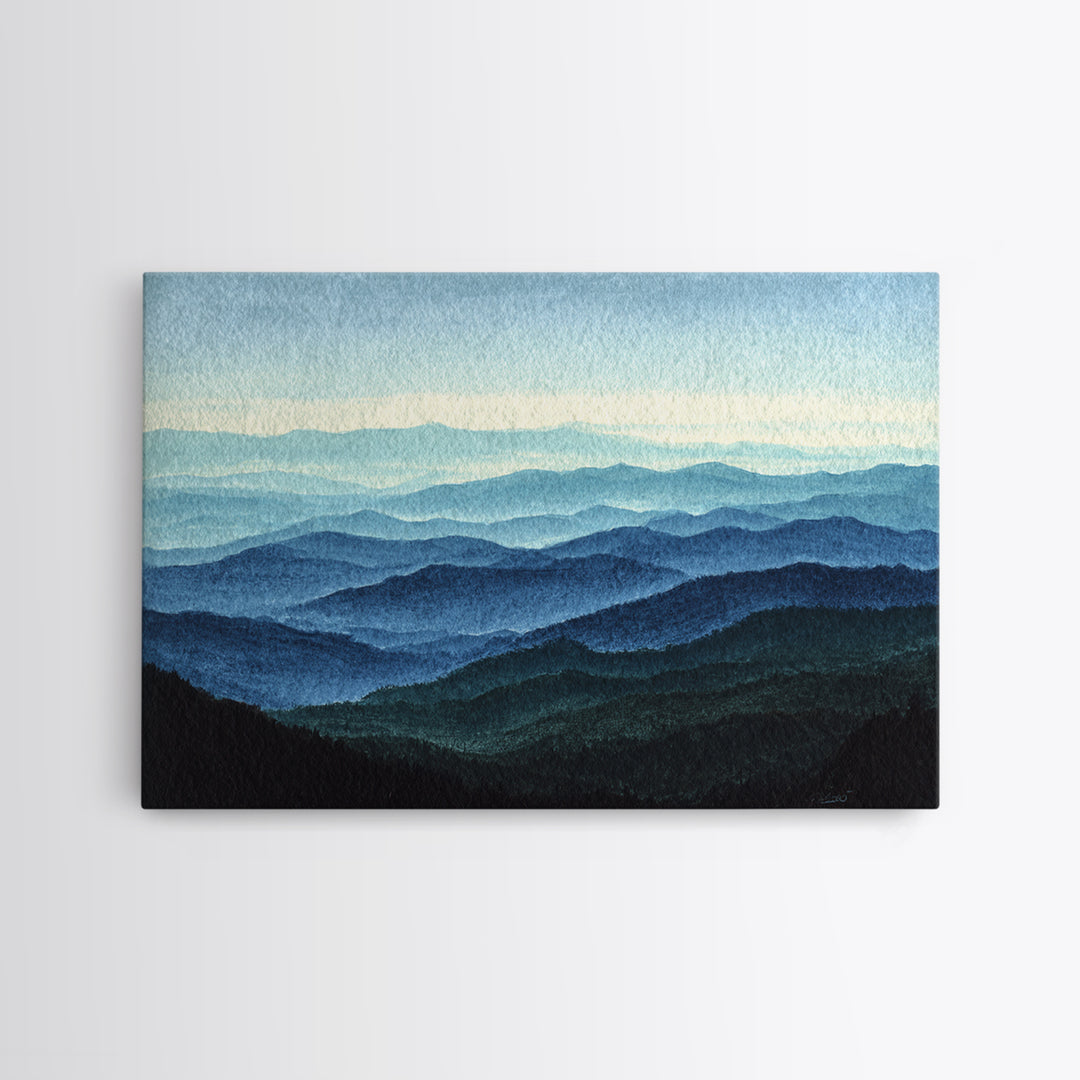 Black Ink Mountain Range Framed Canvas Print, Black and White Art, Wood Wall Art, Living Room Decor, Fine Art, Monochrome, BAW-3x2-6