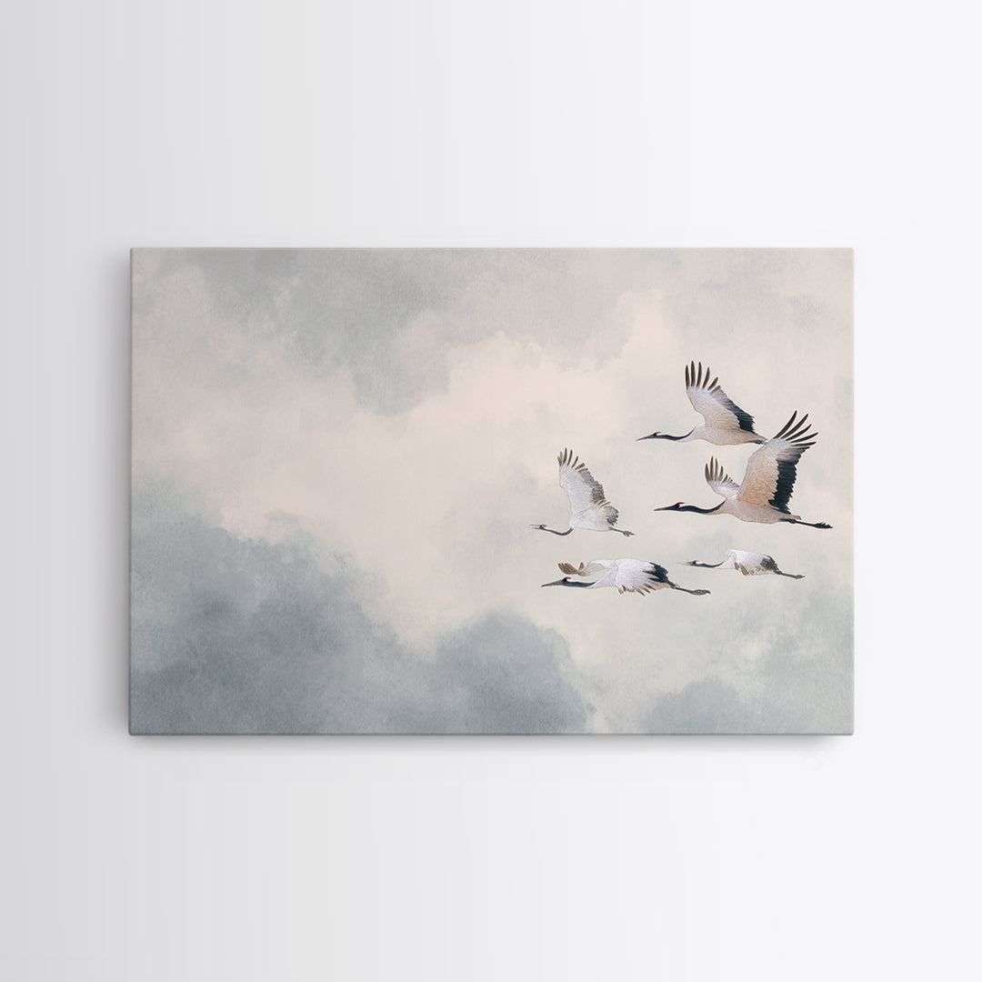 Black Ink Crane Flying Across Empty Sky Canvas Print, Black and White Art, Photo Prints, Living Room Decor, Monochrome, BAW-3x2-65