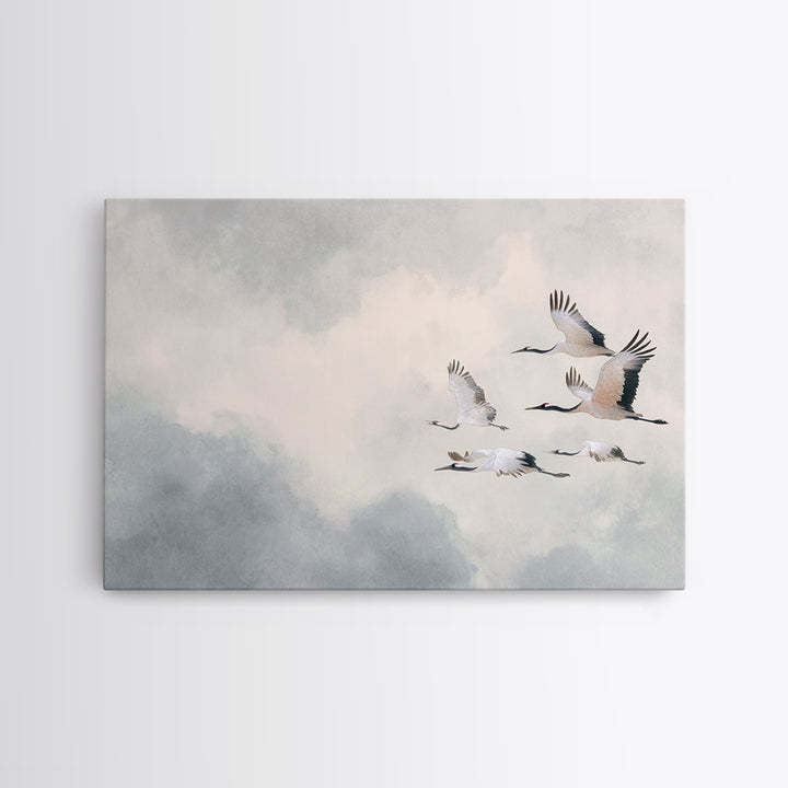 Black Ink Crane Flying Across Empty Sky Canvas Print, Black and White Art, Photo Prints, Living Room Decor, Monochrome, BAW-3x2-65