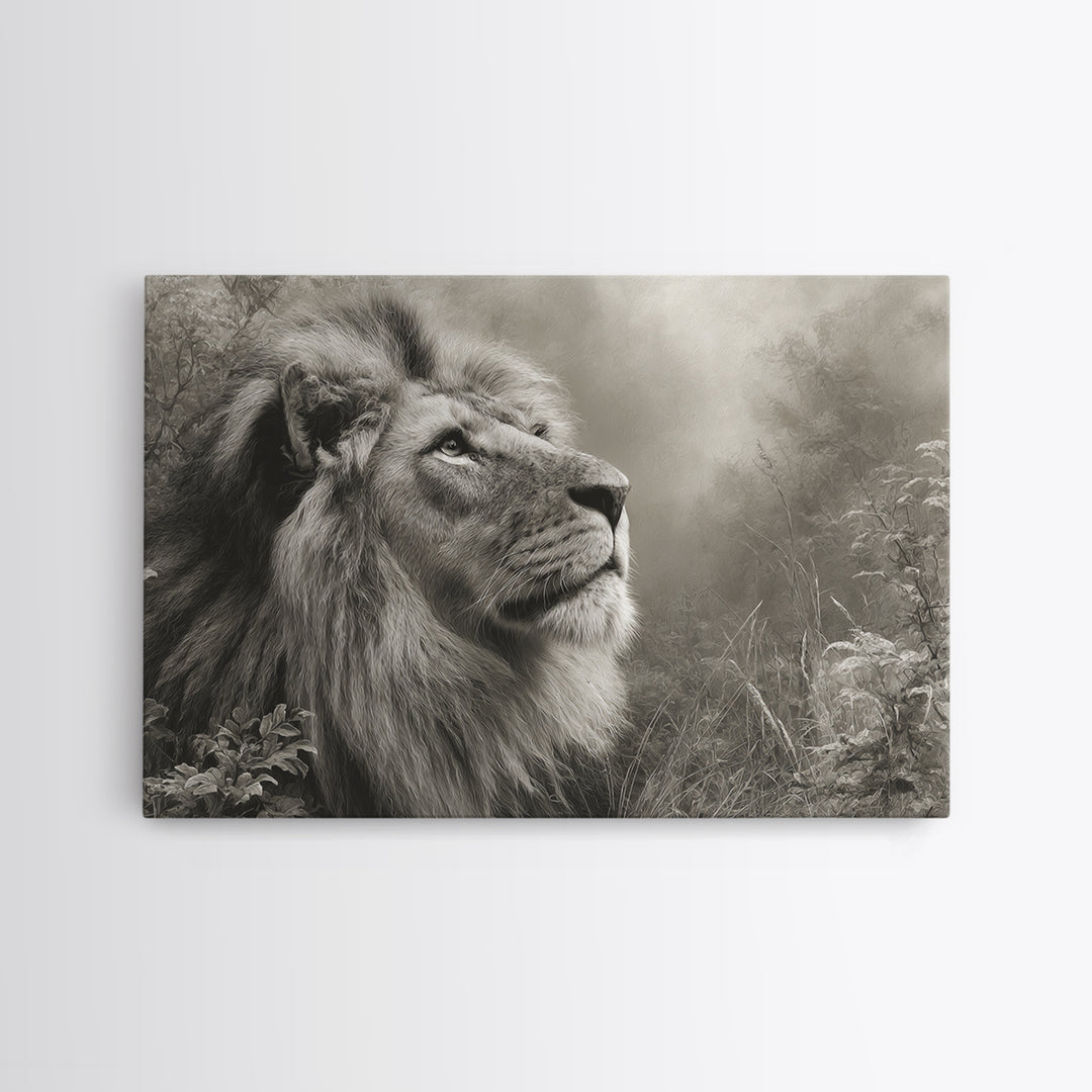 Dramatic Black and White Lion Portrait Framed Canvas Print, Black and White Art, Gallery Decor, Living Room Decor, Monochrome, BAW-3x2-69