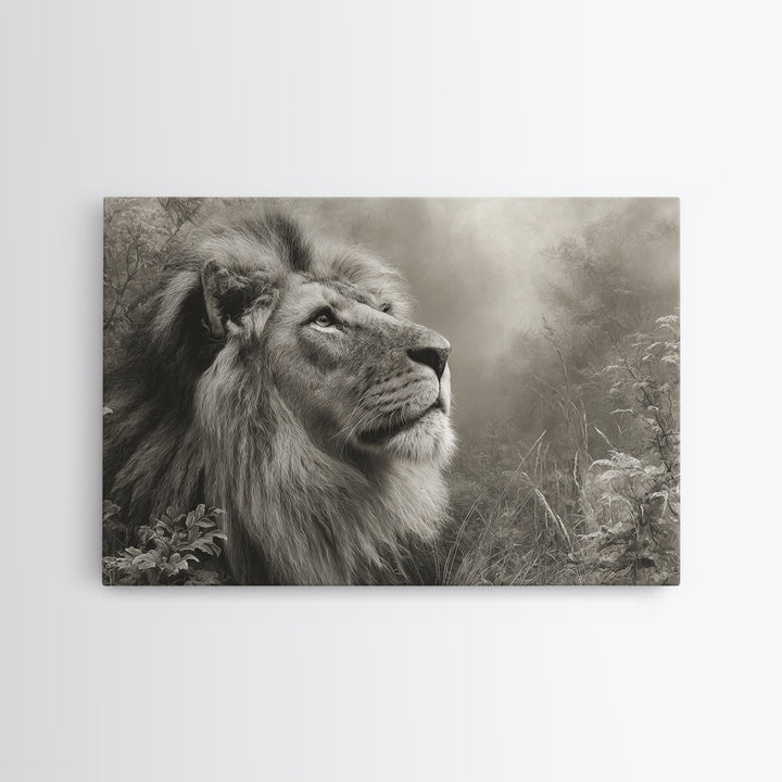 Dramatic Black and White Lion Portrait Framed Canvas Print, Black and White Art, Gallery Decor, Living Room Decor, Monochrome, BAW-3x2-69