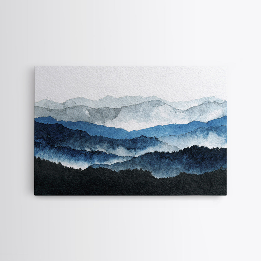 Black Ink Mountain Range Framed Canvas Print, Black and White Art, Cabin Decor, Living Room Decor, Fine Art, Monochrome, BAW-3x2-78