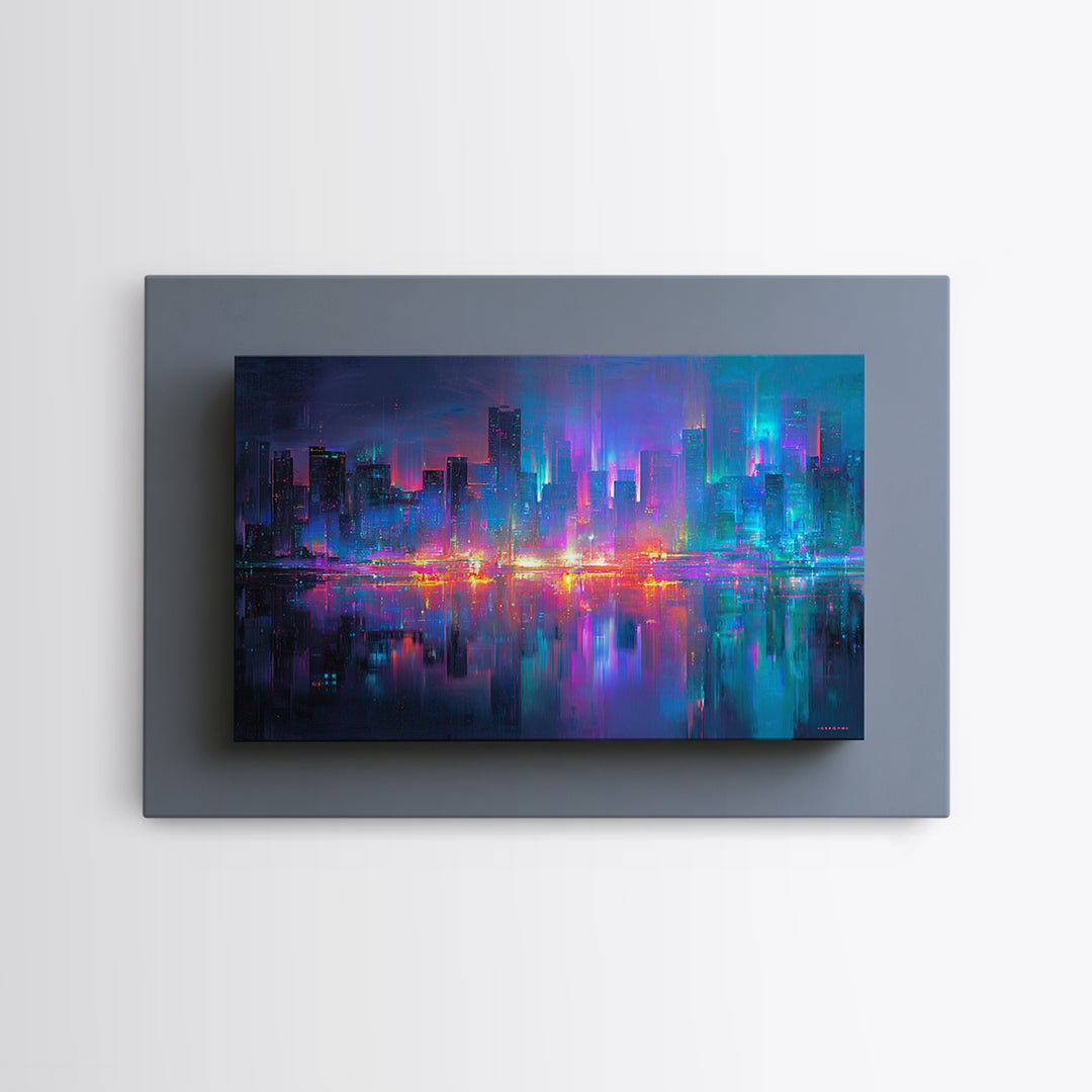 Monochrome City Skyline Reflected Framed Canvas Print, Black and White Art, Art, Living Room Decor, Fine Art, Monochrome, BAW-3x2-87