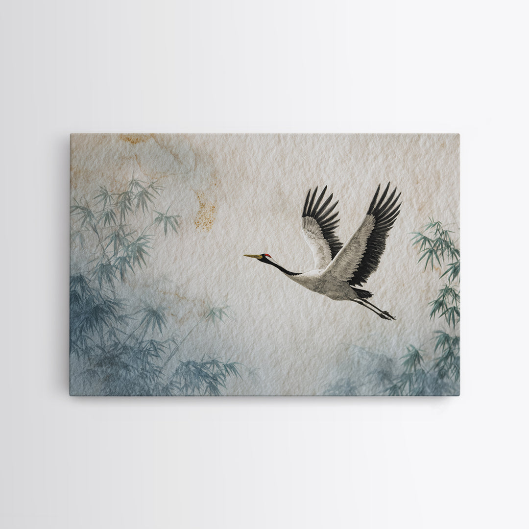 Black Ink Crane Flying Across Empty Sky Canvas Print, Black and White Art, Boho Decor, Living Room Decor, Oil Painting, BAW-3x2-89