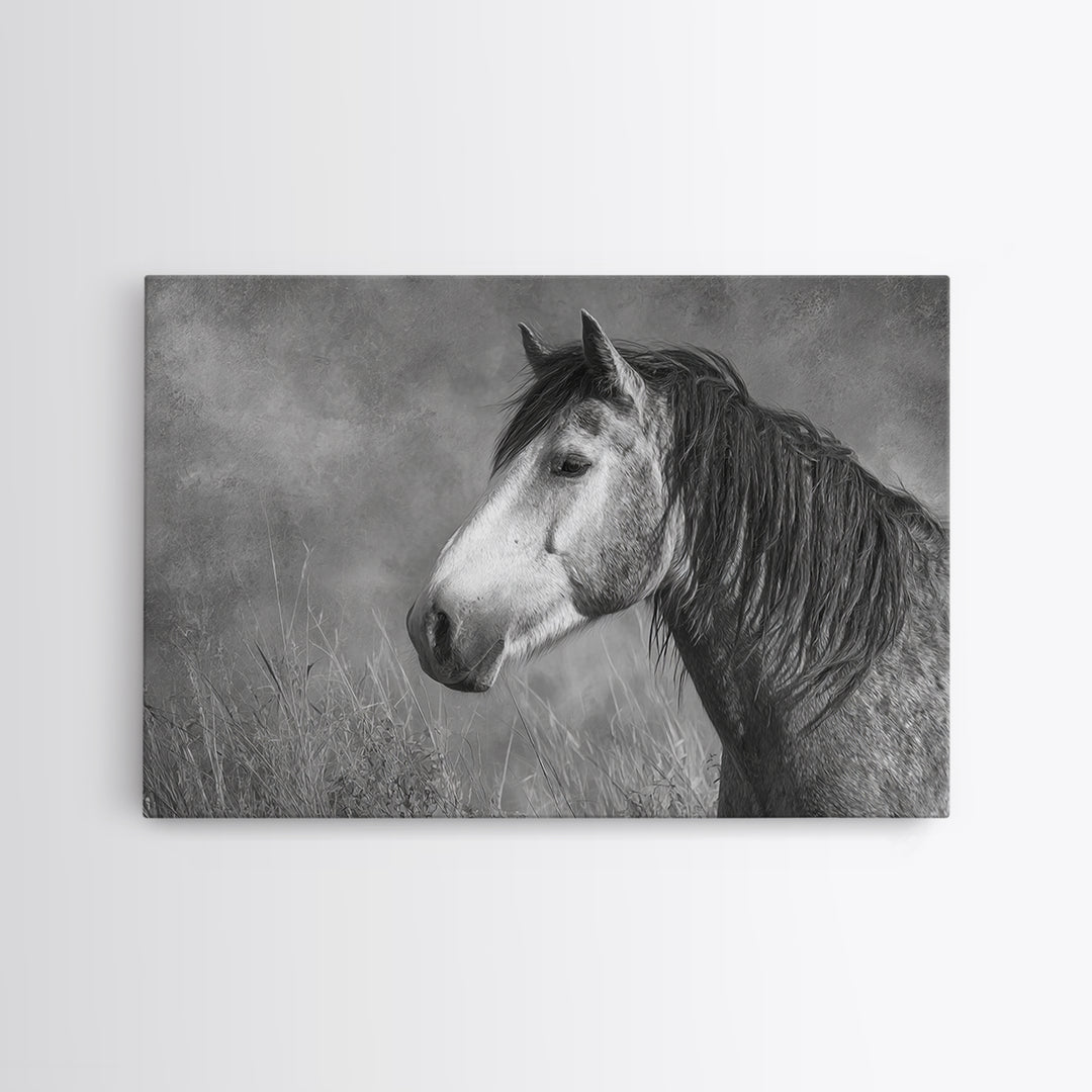 Black and White Wild Horse Portrait Framed Canvas Print, Black and White Art, Canvas Print, Living Room Decor, Monochrome, BAW-3x2-9