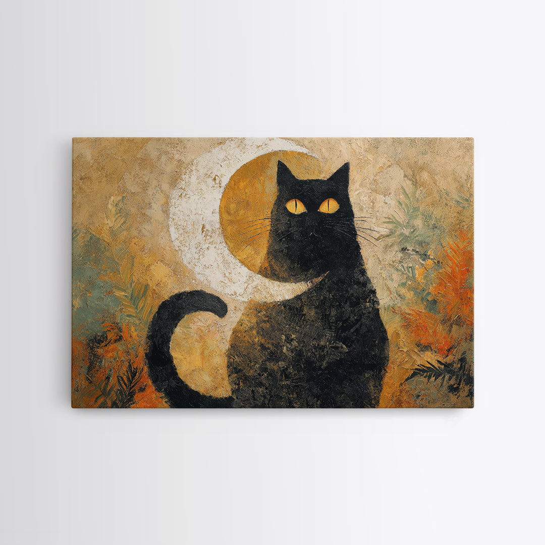 Black Cat Silhouette Framed Canvas Print, Black and White Art, Digital Prints, Living Room Decor, Fine Art, Monochrome, BAW-3x2-92