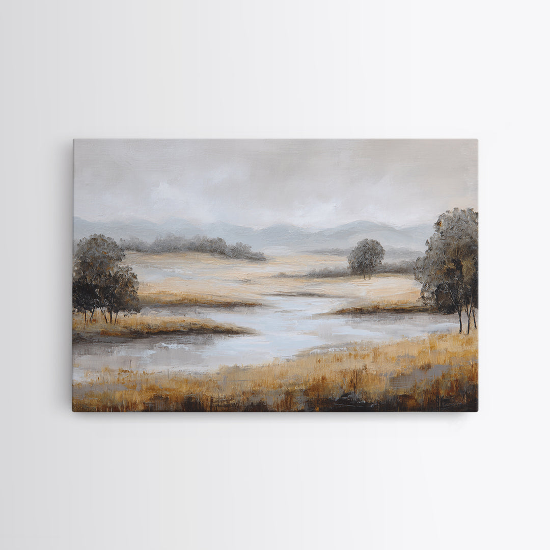 Misty Bridge Landscape Framed Canvas Print, Black and White Art, Printable, Living Room Decor, Monochrome, Retro Wall Art, BAW-3x2-95
