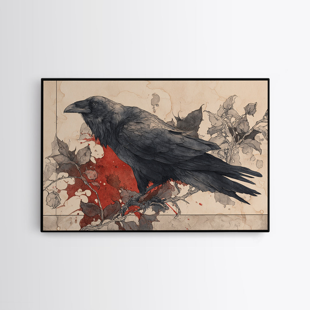 Ink Splatter Raven Composition Framed Canvas Print, Black and White Art, Halloween Decor, Living Room Decor, Monochrome, BAW-3x2-96