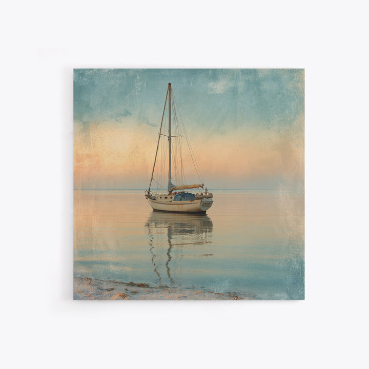 Sunset Sailboat Silhouette on Calm Water Canvas Print, Beach Art, Modern Art, Coastal Decor, Oil Painting, Shore, Luxury Decor, BEA-1x1-30