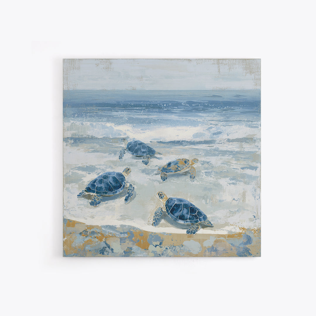 Family of Sea Turtles Crossing Moonlit Sand Framed Canvas Print, Beach Art, Coastal Art, Coastal Decor, Fine Art, Shore, BEA-1x1-38