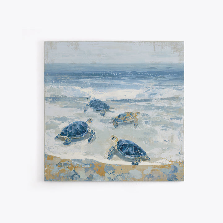 Family of Sea Turtles Crossing Moonlit Sand Framed Canvas Print, Beach Art, Coastal Art, Coastal Decor, Fine Art, Shore, BEA-1x1-38
