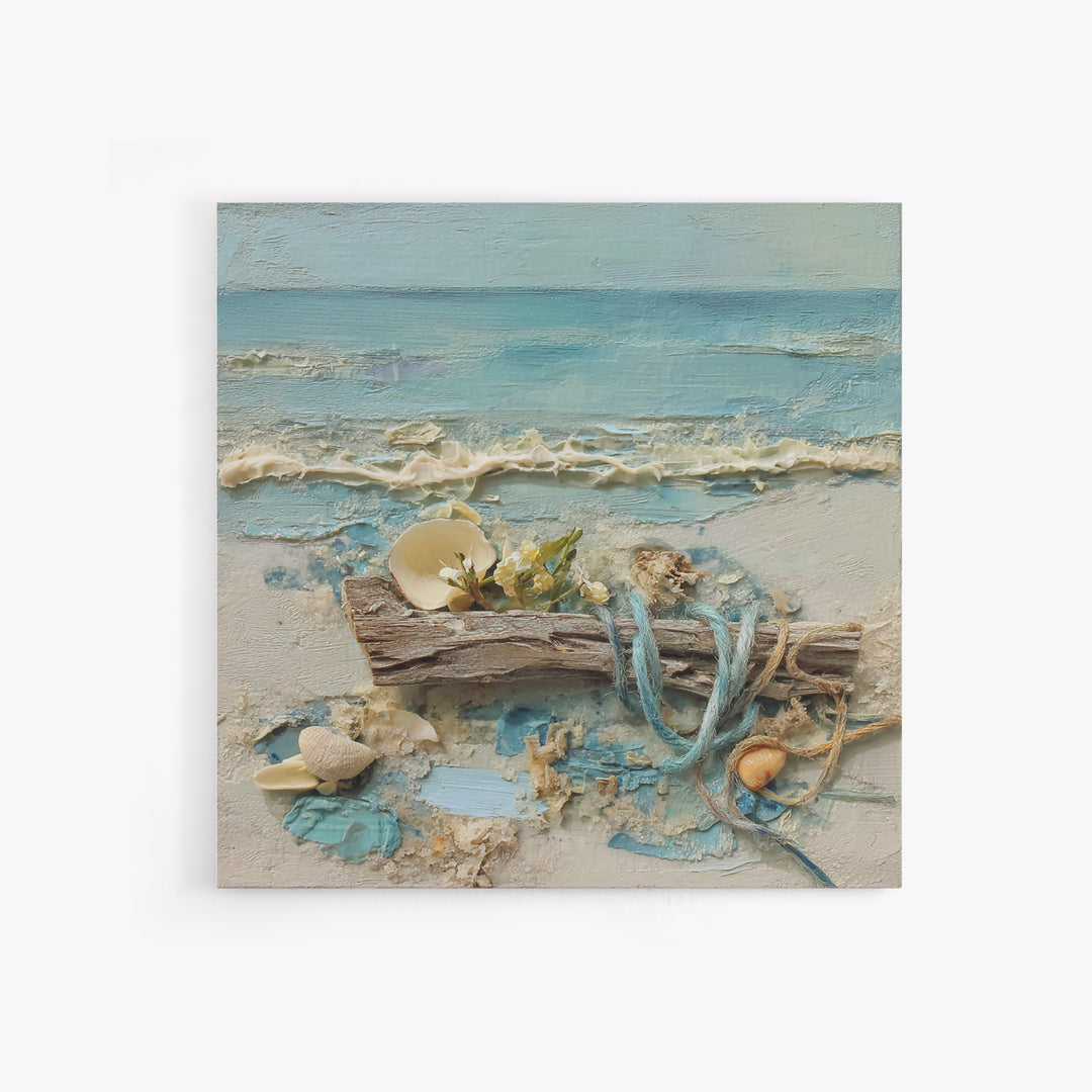 Driftwood and Wildflowers on Sand Framed Canvas Print, Beach Art, Coastal Decor, Oil Painting, Shore, Boho Decor, BEA-1x1-46
