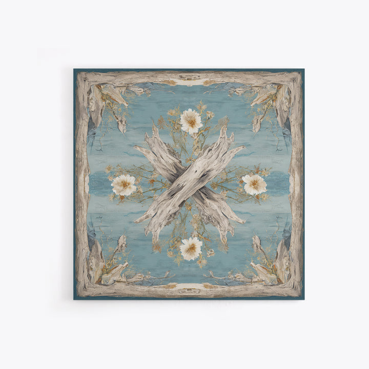 Driftwood and Wildflowers on Sand Framed Canvas Print, Beach Art, Coastal Decor, Oil Painting, Shore, Boho Decor, BEA-1x1-70