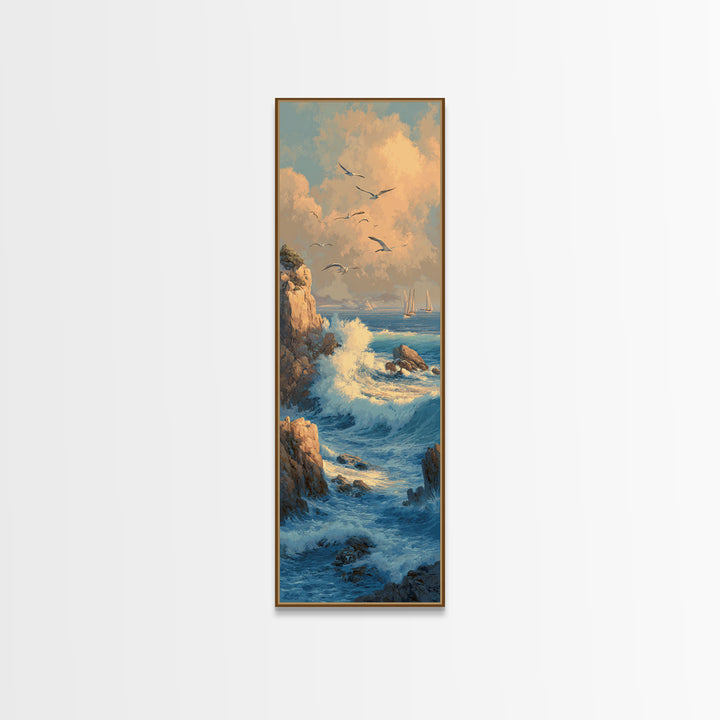 Coastal Cliffs with Gulls and Sea Spray Framed Canvas Print, Beach Art, Nautical Decor, Coastal Decor, Fine Art, Shore, BEA-1x3-71