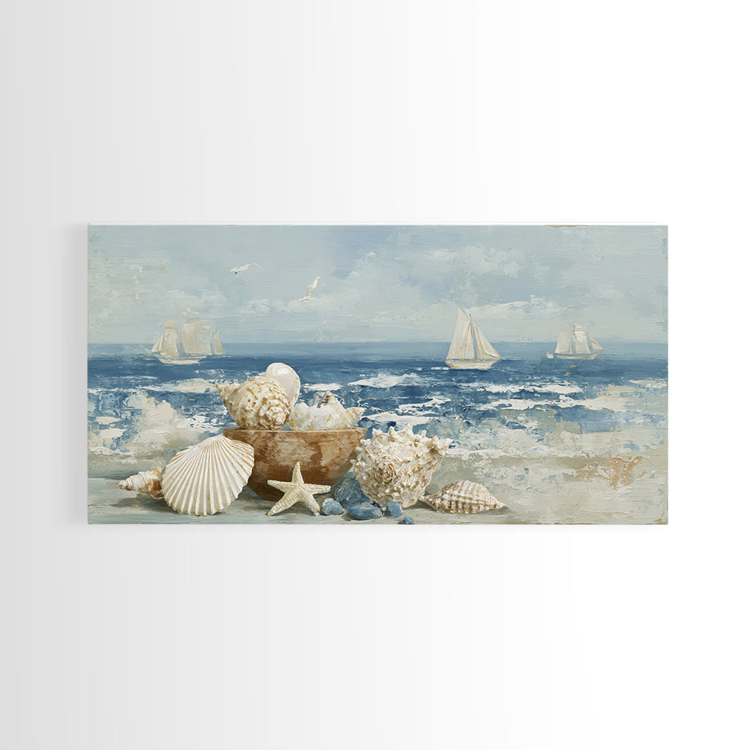 Nautical Rope and Shell Still Life Framed Canvas Print, Beach Art, Minimalist Decor, Coastal Decor, Shore, Original Art, BEA-2x1-13