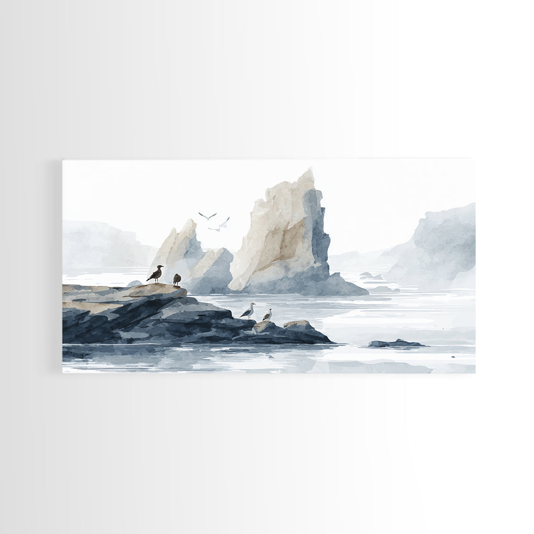 Coastal Cliffs with Gulls and Sea Spray Framed Canvas Print, Beach Art, Art, Coastal Decor, Fine Art, Shore, Abstract Wall Art, BEA-2x1-7