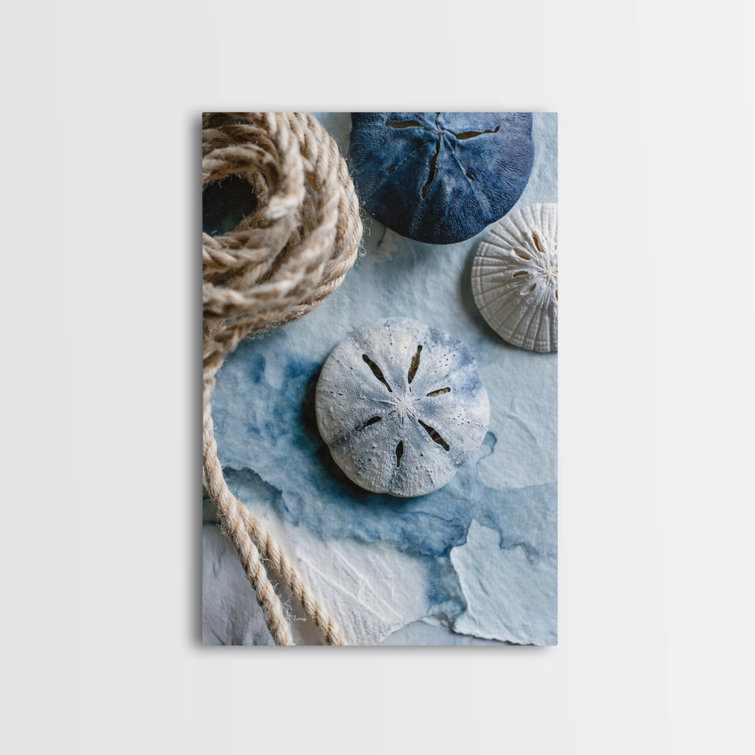 Minimal Sand Dollar Study on Textured Paper Framed Canvas Print, Beach Art, Digital Art, Coastal Decor, Oil Painting, Shore, BEA-2x3-20
