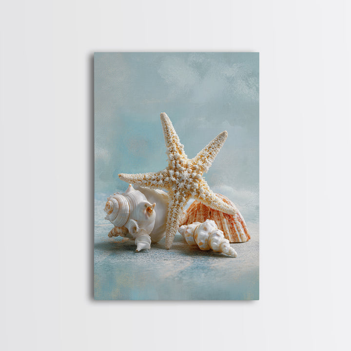 Sun Bleached Starfish and Shells Still Life Framed Canvas Print, Beach Art, Coastal Decor, Oil Painting, Shore, BEA-2x3-21