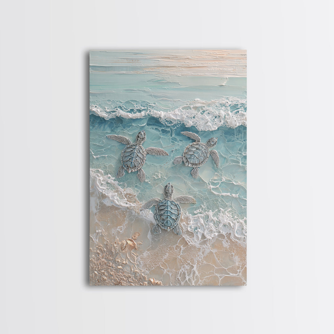Family of Sea Turtles Crossing Moonlit Sand Framed Canvas Print, Beach Art, Textured Painting, Coastal Decor, Fine Art, Shore, BEA-2x3-22