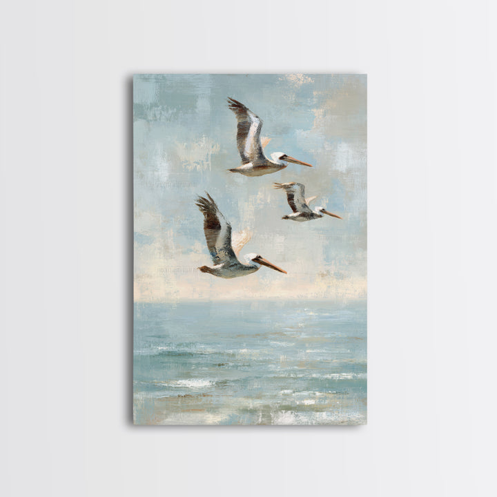 Pelicans Flying Low Framed Canvas Print, Beach Art, Beach Print, Coastal Decor, Fine Art, Shore, Textured Painting, BEA-2x3-3