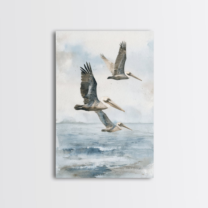 Pelicans Flying Low Framed Canvas Print, Beach Art, Room Decor, Coastal Decor, Oil Painting, Shore, Original Painting, BEA-2x3-51