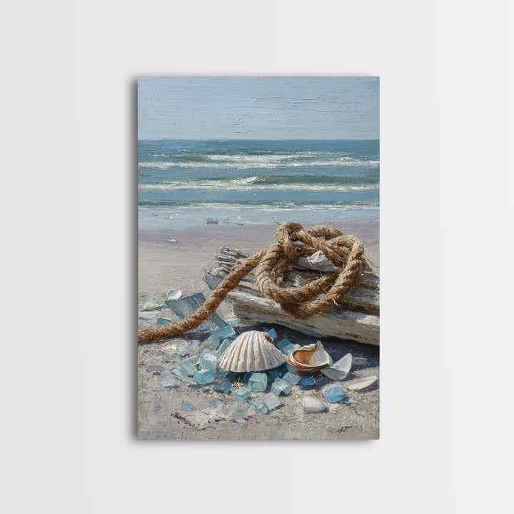Nautical Rope and Shell Still Life Framed Canvas Print, Beach Art, Original Art, Coastal Decor, Fine Art, Shore, Beach Decor, BEA-2x3-97
