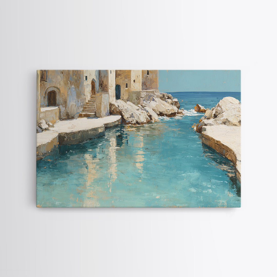 Mediterranean Cove with Clear Water Framed Canvas Print, Beach Art, Whimsical Decor, Coastal Decor, Shore, Beach Print, BEA-3x2-24
