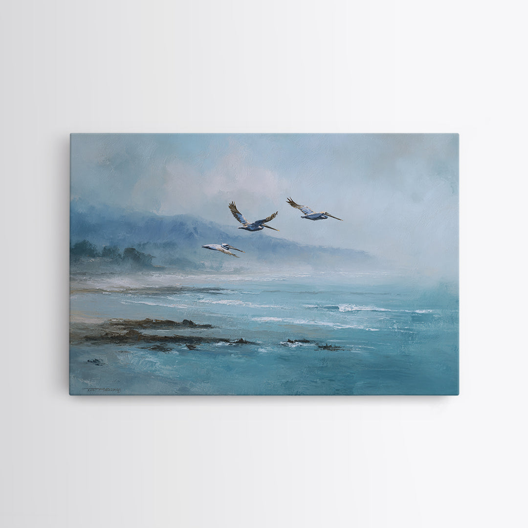 Pelicans Flying Low Framed Canvas Print, Beach Art, Room Decor, Coastal Decor, Oil Painting, Shore, Original Painting, BEA-3x2-47