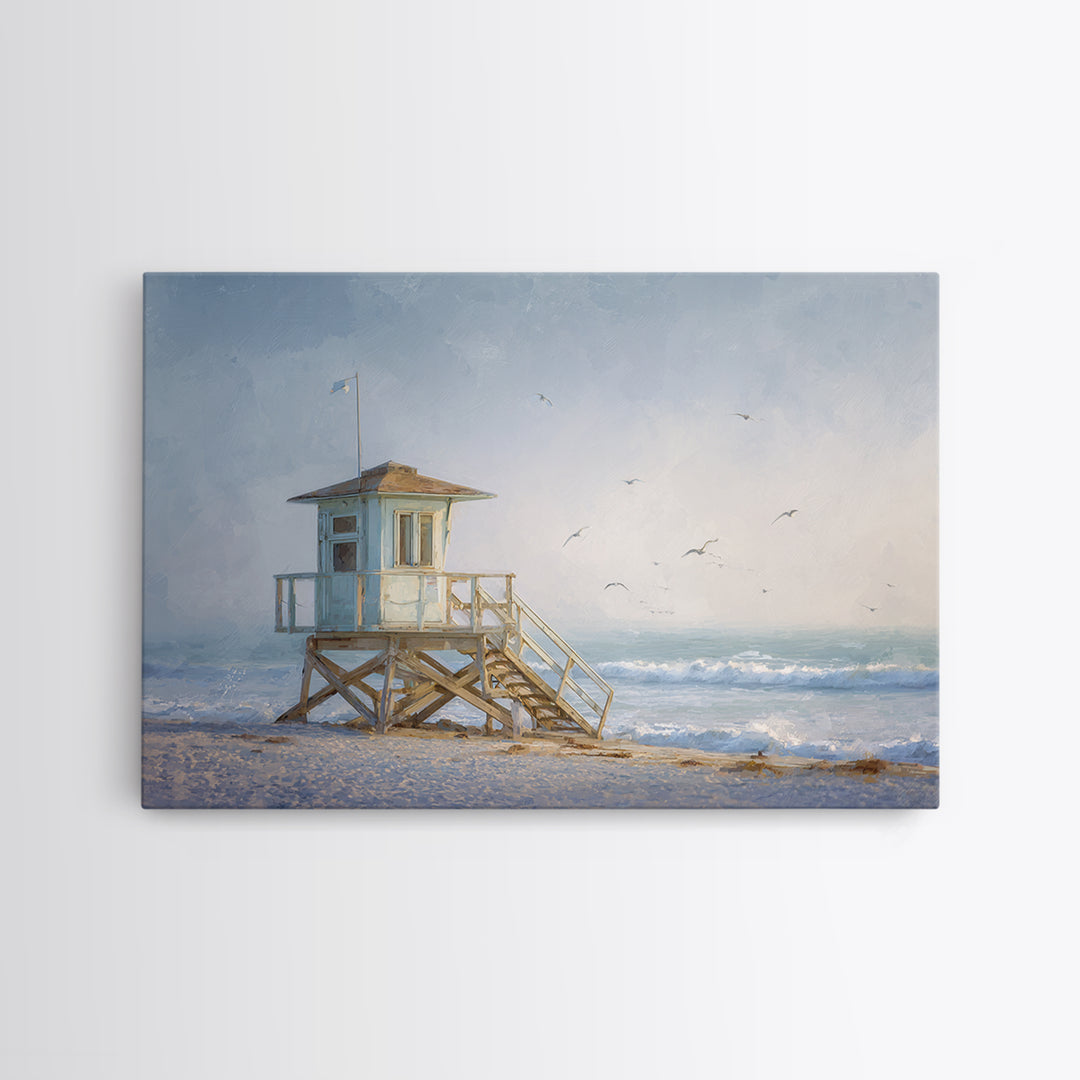 Quiet Lifeguard Tower at Golden Hour Framed Canvas Print, Beach Art, Coastal Decor, Oil Painting, Shore, Whimsical Decor, BEA-3x2-55