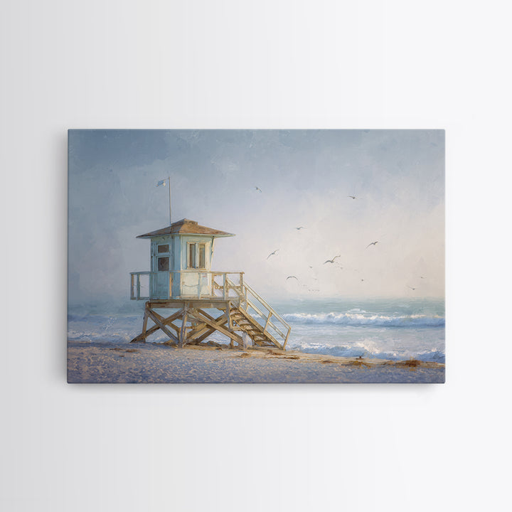 Quiet Lifeguard Tower at Golden Hour Framed Canvas Print, Beach Art, Coastal Decor, Oil Painting, Shore, Whimsical Decor, BEA-3x2-55