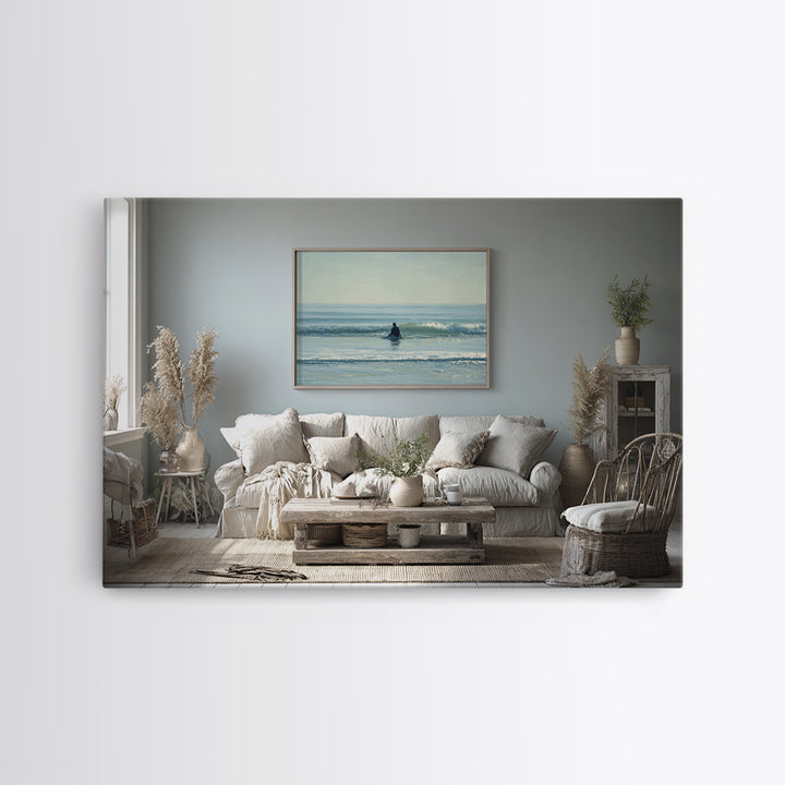 Surfer Silhouette Riding a Glassy Wave Framed Canvas Print, Beach Art, Art, Coastal Decor, Oil Painting, Shore, BEA-3x2-91