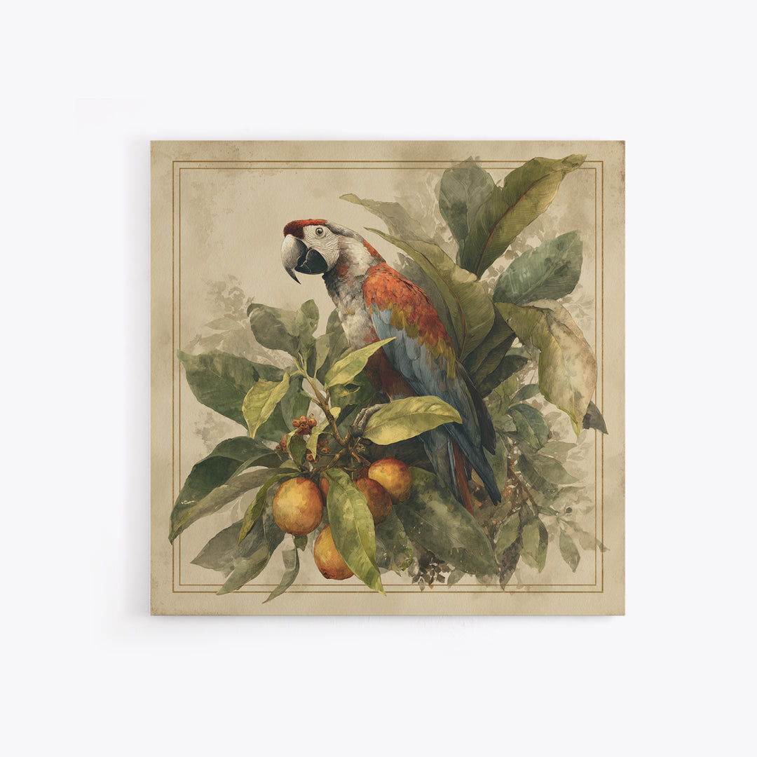 Parrot Among Tropical Leaves and Fruit Canvas Print, Bird Art, Living Room Art, Living Room Decor, Watercolor Art, Flight, BIR-1x1-13