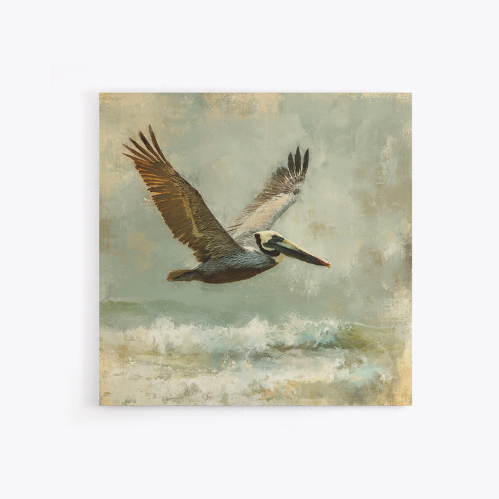 Pelican Flying over Coastal Waves Canvas Print, Bird Art, Modern Art, Living Room Decor, Fine Art, Flight, Floral Art, BIR-1x1-18