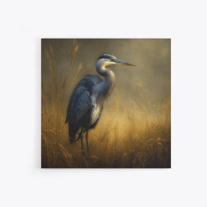 Blue Heron in Misty Marsh Grass Framed Canvas Print, Bird Art, Gallery Wall, Living Room Decor, Fine Art, Flight, Gallery Decor, BIR-1x1-2