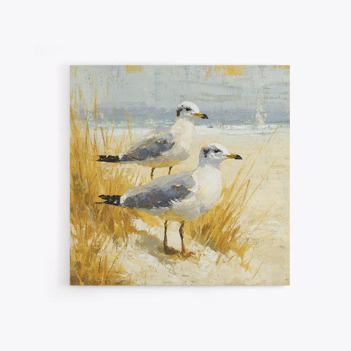 Seagulls Above a Pale Beach Horizon Canvas Print, Bird Art, Mid Century Modern, Living Room Decor, Flight, Botanical Wall Art, BIR-1x1-20
