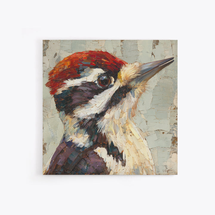 Woodpecker on Birch Bark Texture Framed Canvas Print, Bird Art, Bird Wall Art, Living Room Decor, Fine Art, Flight, Art Print, BIR-1x1-21