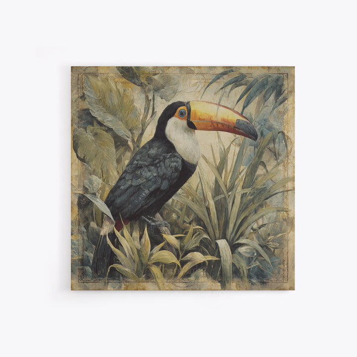 Toucan Framed by Bold Jungle Foliage Canvas Print, Bird Art, Printable Art, Living Room Decor, Flight, Mid Century Wall Art, BIR-1x1-23