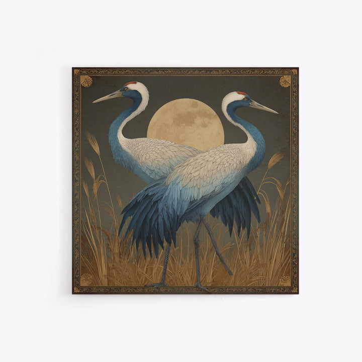 Pair of Cranes Dancing Framed Canvas Print, Bird Art, Living Room Decor, Fine Art, Flight, Rustic Home Decor, Floral Art, BIR-1x1-27
