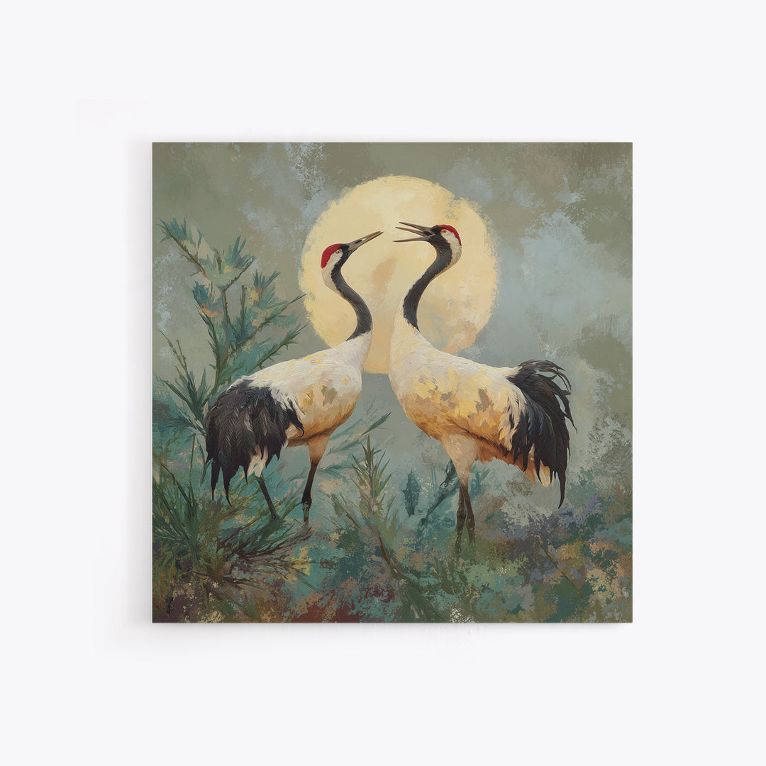 Pair of Cranes Dancing Canvas Print, Bird Art, Farmhouse Decor, Living Room Decor, Abstract Art, Flight, Digital Download Art, BIR-1x1-3