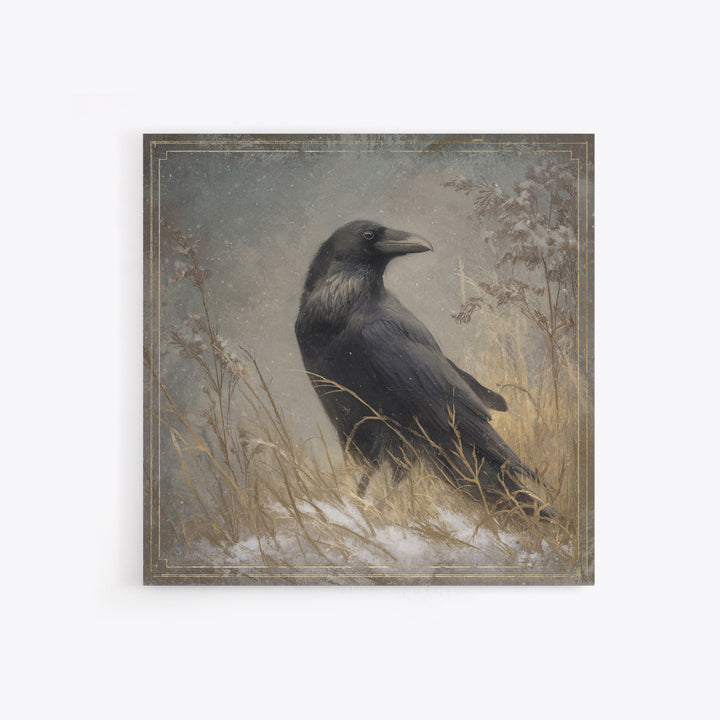 Raven Silhouette with Gothic Atmosphere Framed Canvas Print, Bird Art, Statement Artwork, Living Room Decor, Abstract Art, BIR-1x1-33