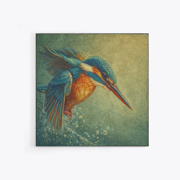 Kingfisher Diving Toward Blue Water Canvas Print, Bird Art, Botanical Wall Art, Living Room Decor, Flight, Forest Wall Art, BIR-1x1-35