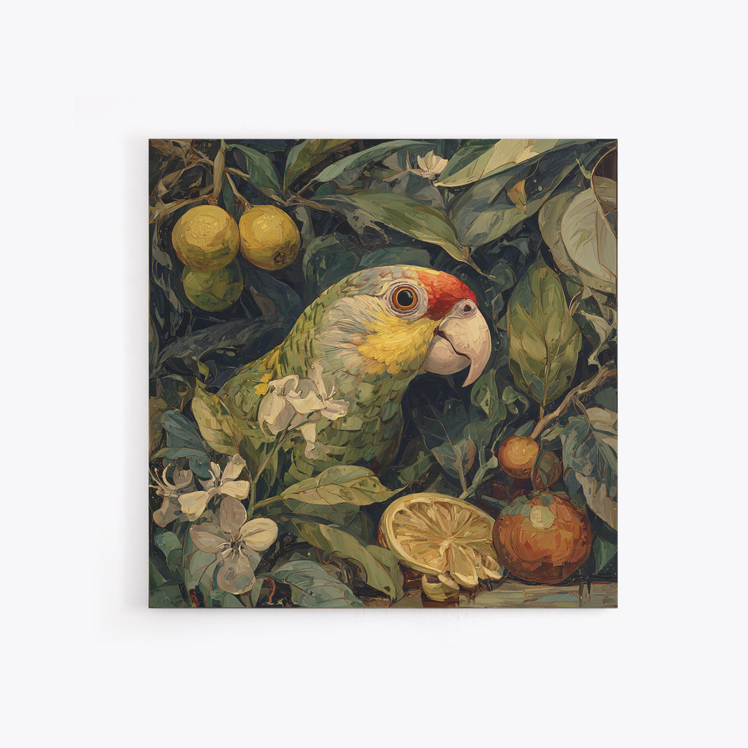 Parrot Among Tropical Leaves and Fruit Framed Canvas Print, Bird Art, Forest Wall Art, Living Room Decor, Oil Painting, Flight, BIR-1x1-37