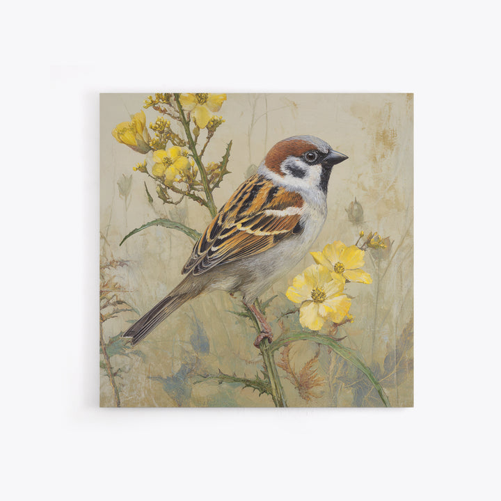 Small Sparrow on Wildflower Stem Framed Canvas Print, Bird Art, Nature Wall Art, Living Room Decor, Fine Art, Flight, BIR-1x1-38