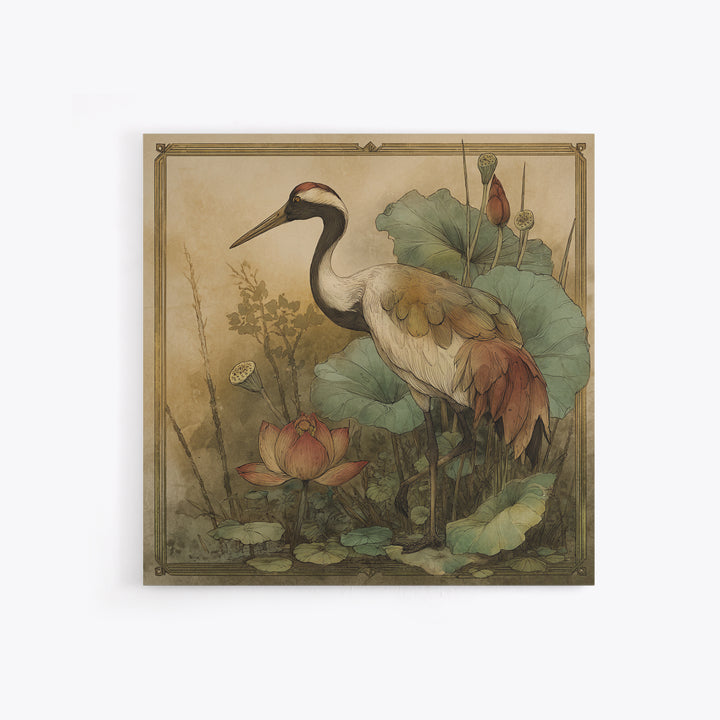 Crane and Lotus Composition Framed Canvas Print, Bird Art, Gallery Decor, Living Room Decor, Fine Art, Flight, Contemporary Art, BIR-1x1-41