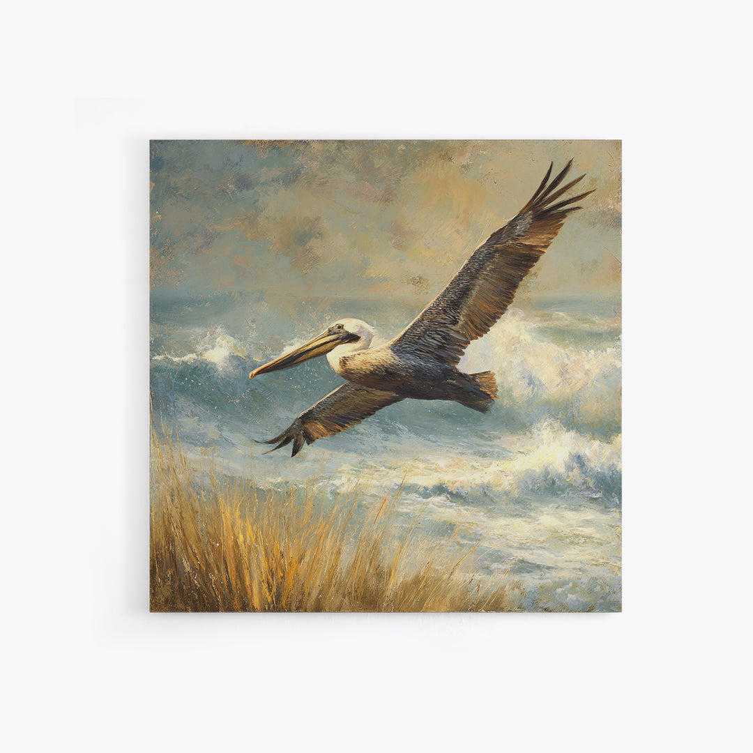 Pelican Flying over Coastal Waves Framed Canvas Print, Bird Art, Digital Download Art, Living Room Decor, Abstract Art, Flight, BIR-1x1-42