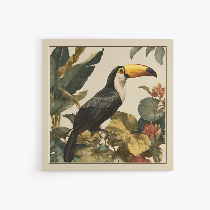 Toucan Framed by Bold Jungle Foliage Framed Canvas Print, Bird Art, Boho Wall Decor, Living Room Decor, Fine Art, Flight, BIR-1x1-47