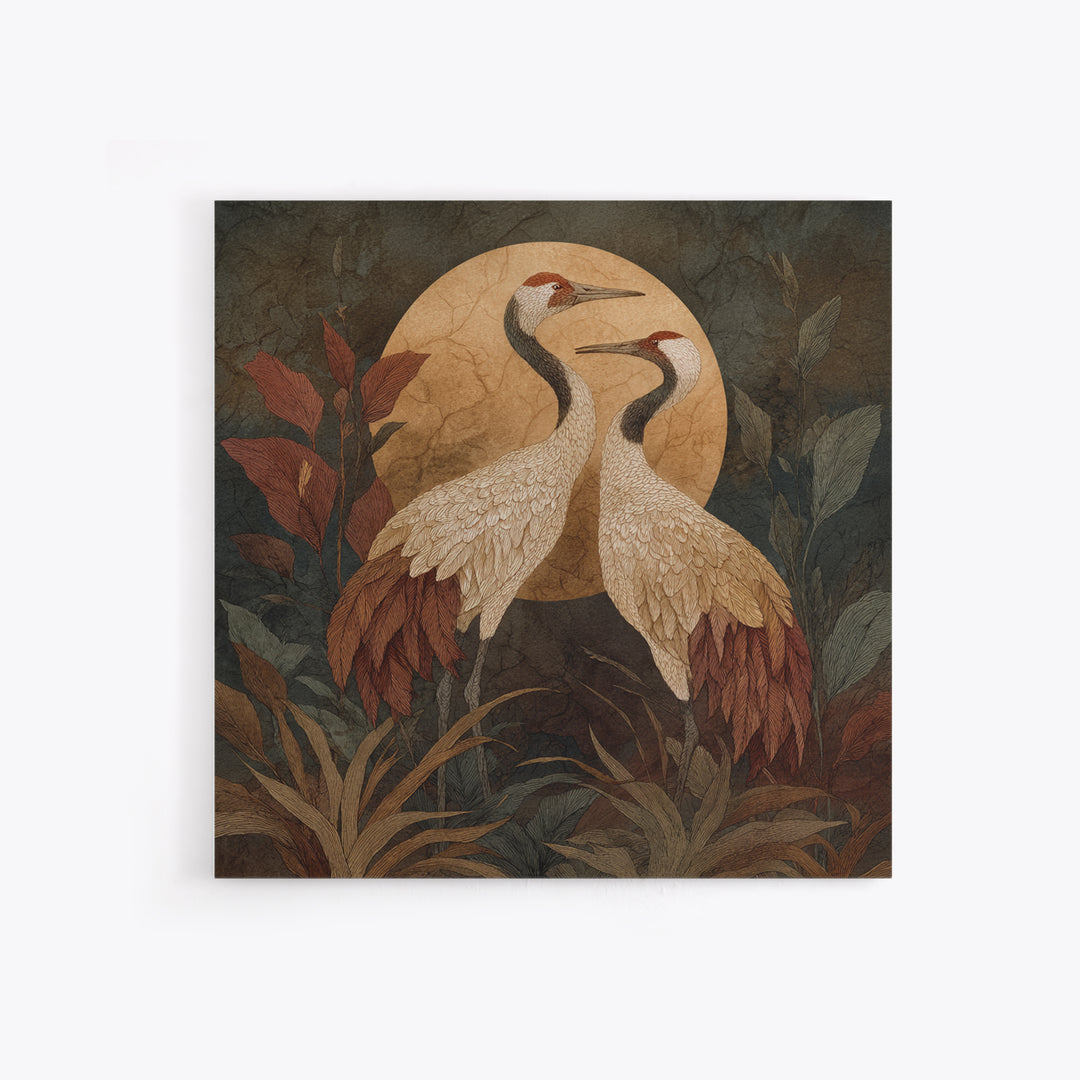 Pair of Cranes Dancing Framed Canvas Print, Bird Art, Nature Wall Art, Living Room Decor, Oil Painting, Flight, BIR-1x1-51