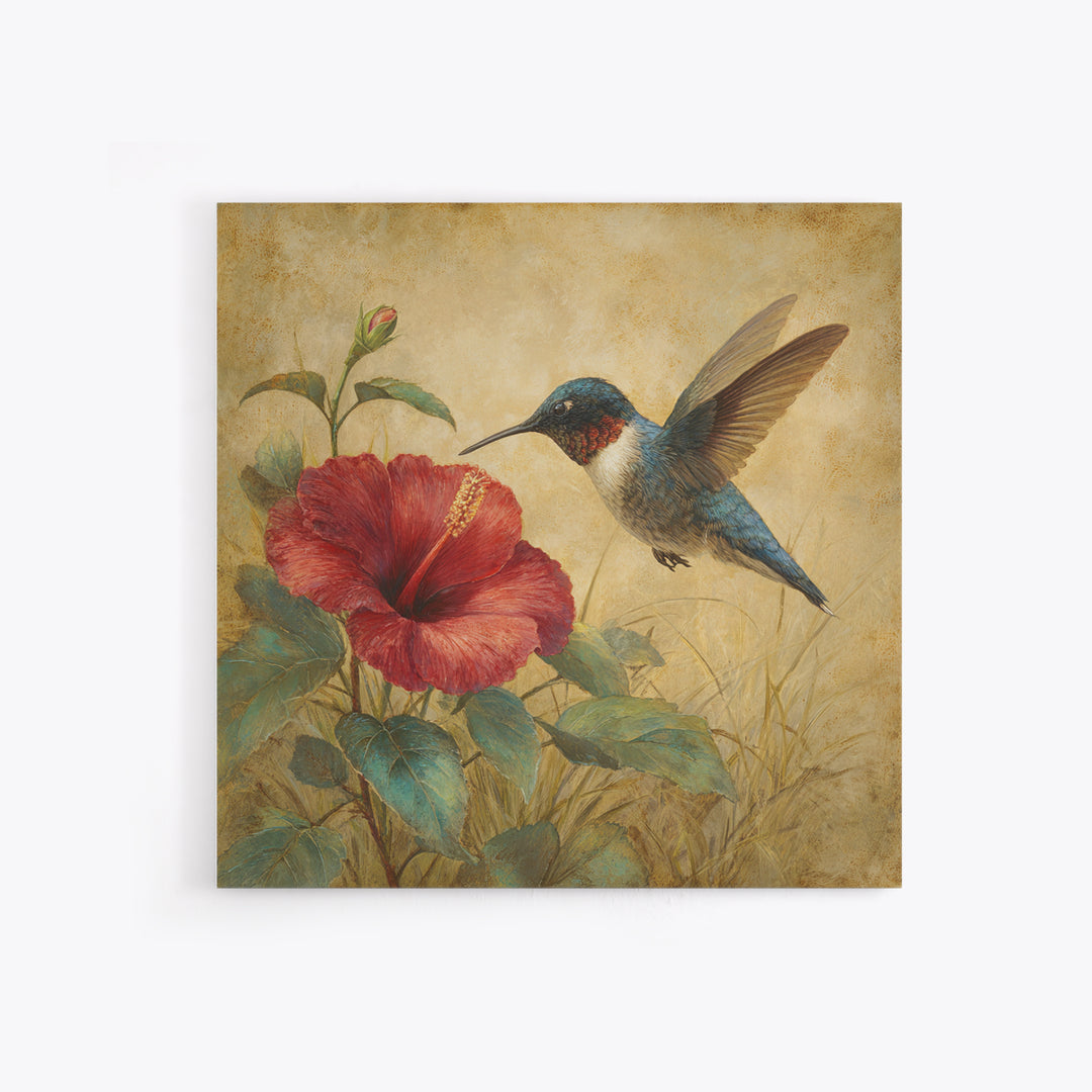 Hummingbird Hovering Beside Bright Hibiscus Framed Canvas Print, Bird Art, Gallery Wall, Living Room Decor, Fine Art, Flight, BIR-1x1-52